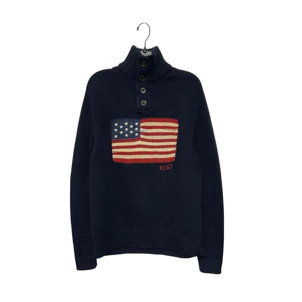 VTG Polo Ralph Lauren American Flag Knit Sweater Mens Medium Navy Linen/Cotton